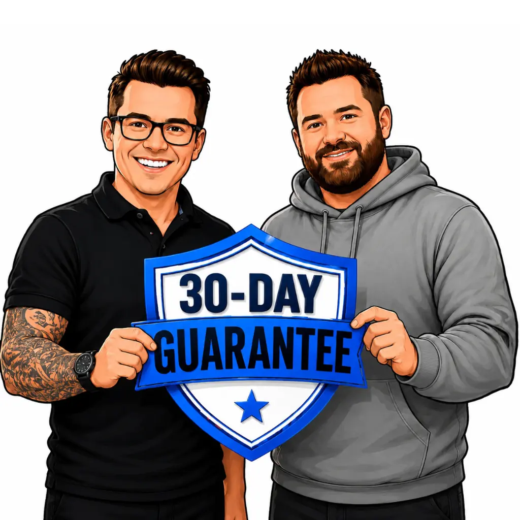 Matt and Ben holding a 30-day guarantee shield
